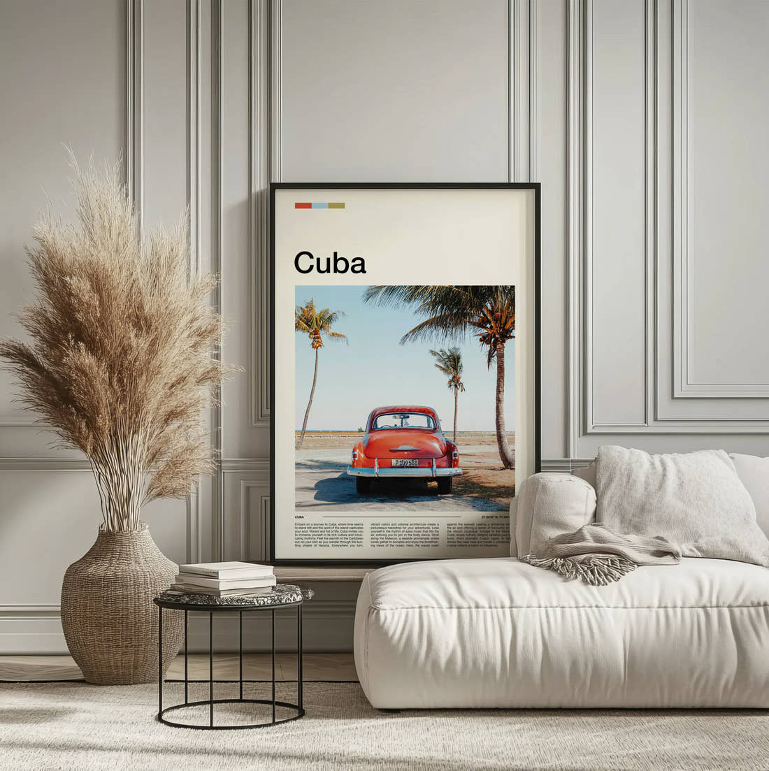 Cuba Red Classic Car Travel Print framed on the wall of a calm, neutral bedroom