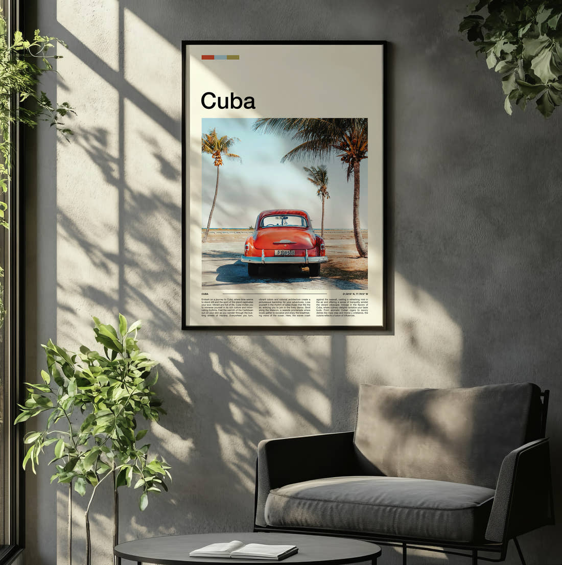 Cuba Red Classic Car Travel Print framed on the wall of a relaxed living room