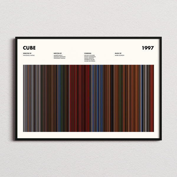 Cube Movie Barcode Poster framed and photographed straight on