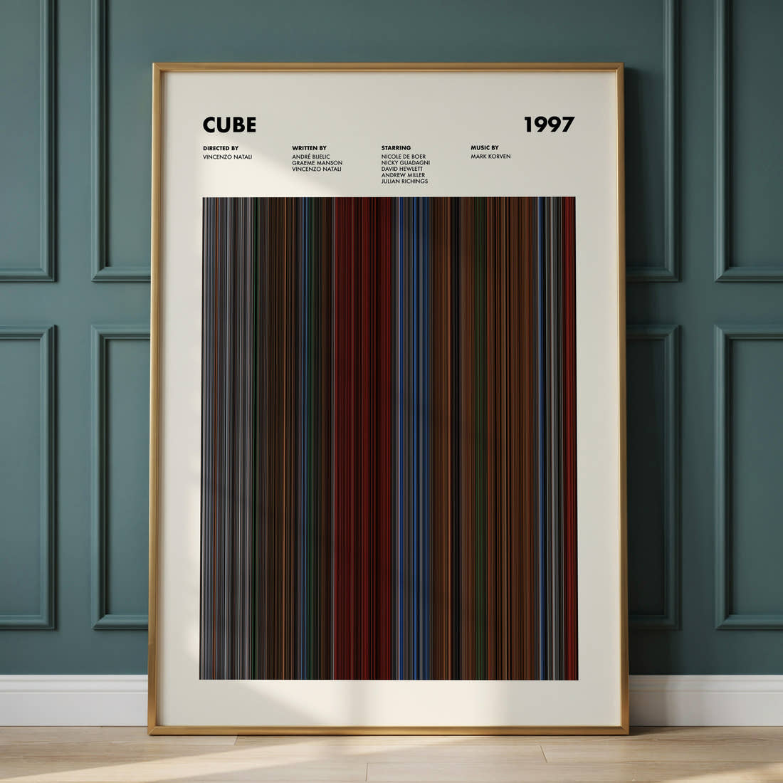 Cube Movie Barcode Poster framed and leaning against a panelled wall