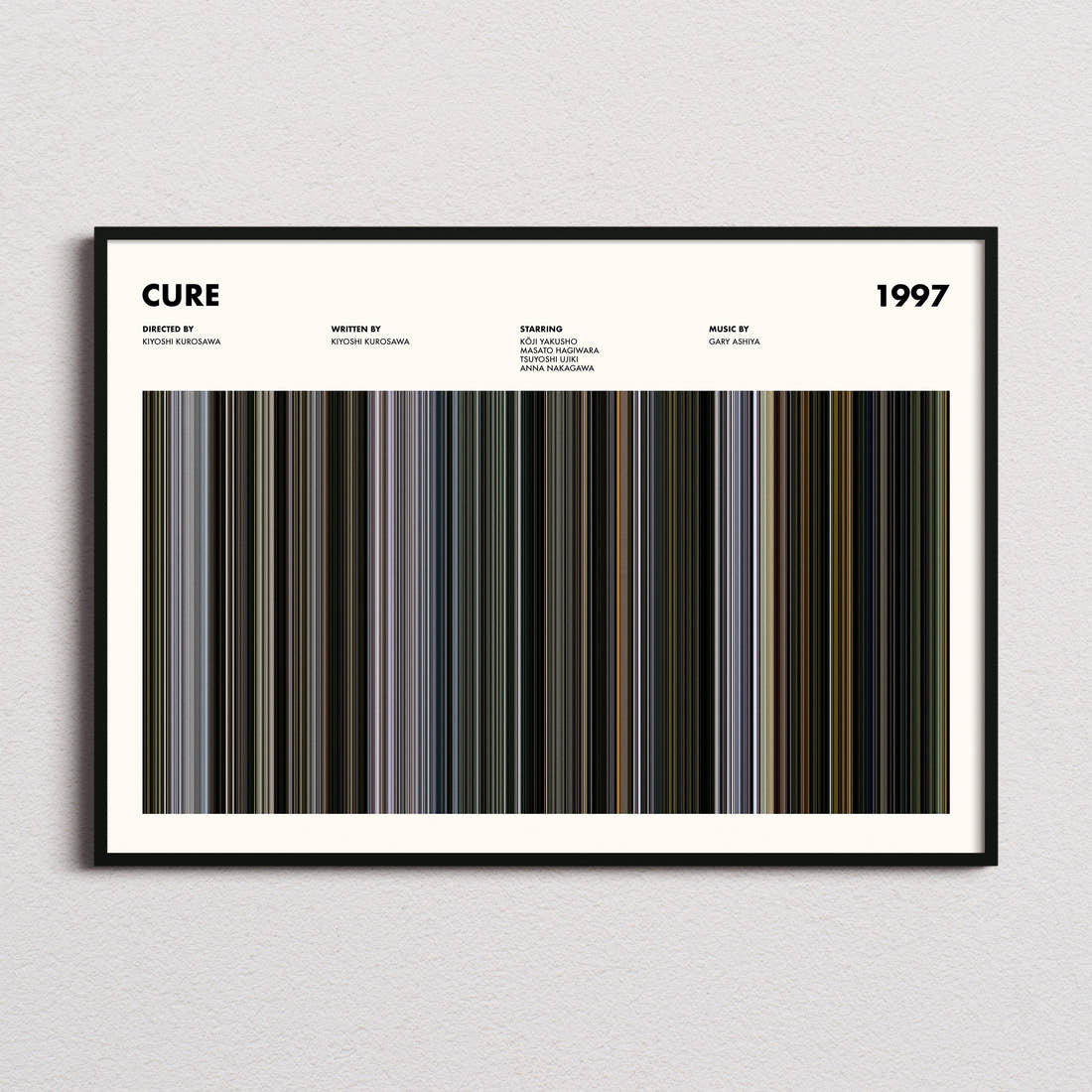Cure Movie Barcode Poster framed and photographed straight on