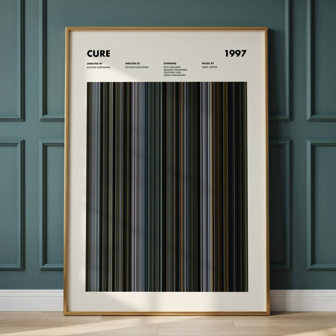 Cure Movie Barcode Poster framed and leaning against a panelled wall