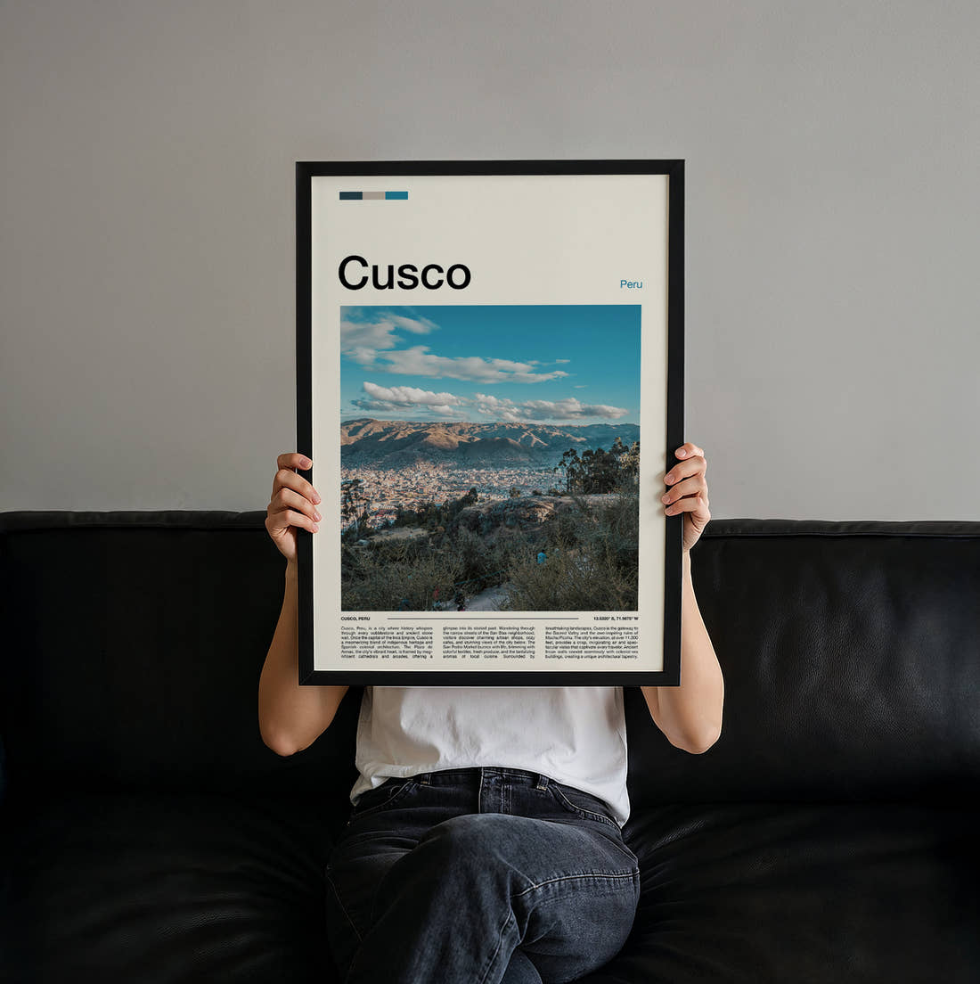 Cusco City Below Snowy Peaks Travel Print held up by hand to show the size of the print