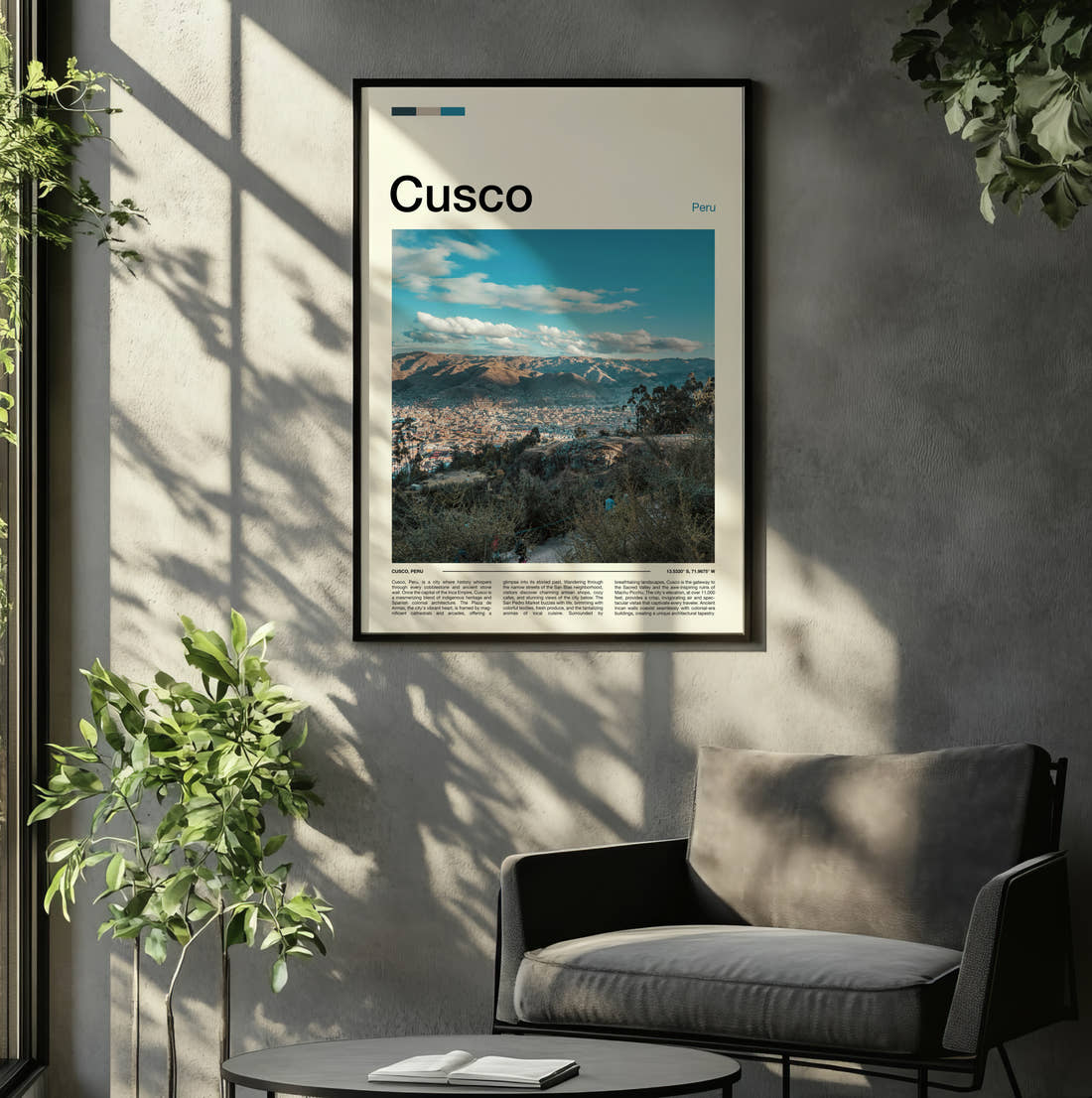 Cusco City Below Snowy Peaks Travel Print framed on the wall of a relaxed living room