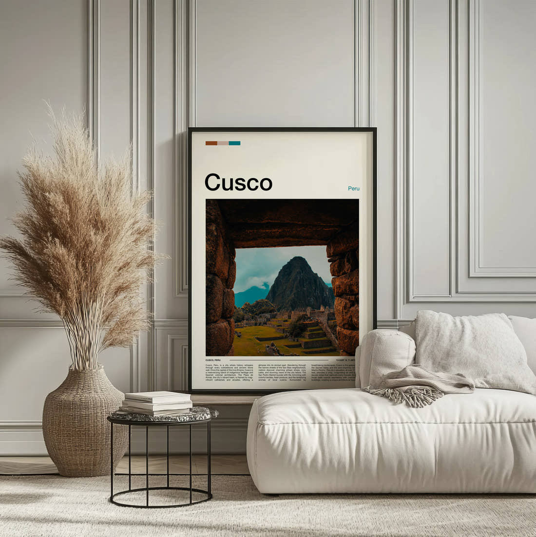 Cusco Machu Picchu Travel Print framed on the wall of a calm, neutral bedroom