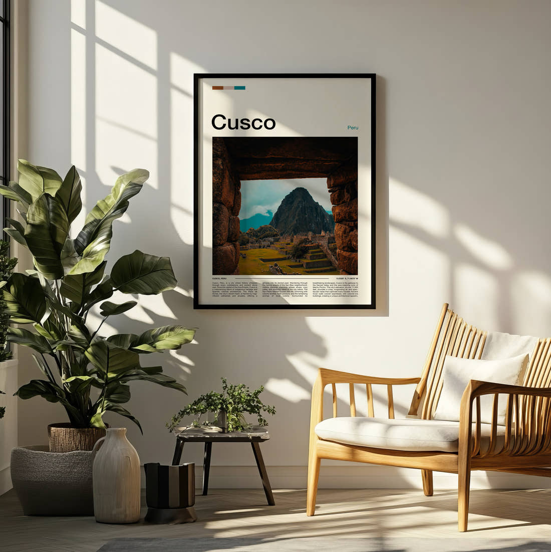 Cusco Machu Picchu Travel Print framed on a pale wall beside houseplants