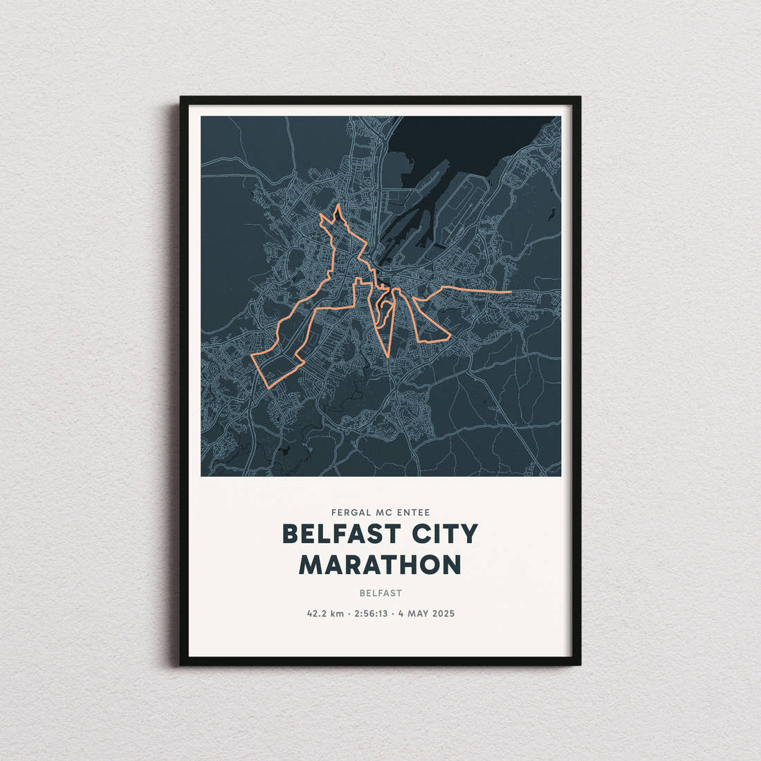 Custom Running Map Print shown framed, photographed straight on
