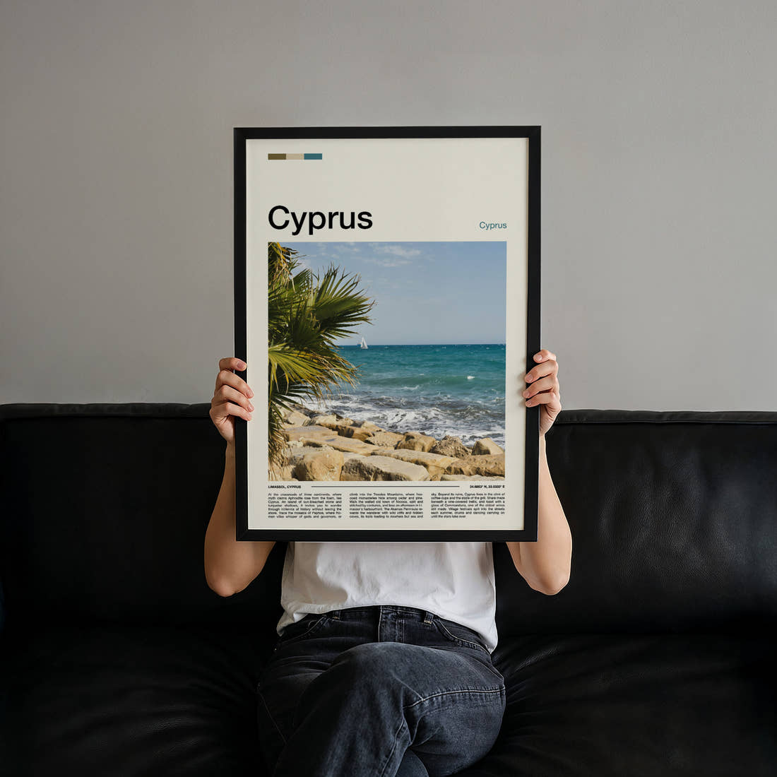 Cyprus Rocky Coastal Shoreline Travel Print held up by hand to show the size of the print