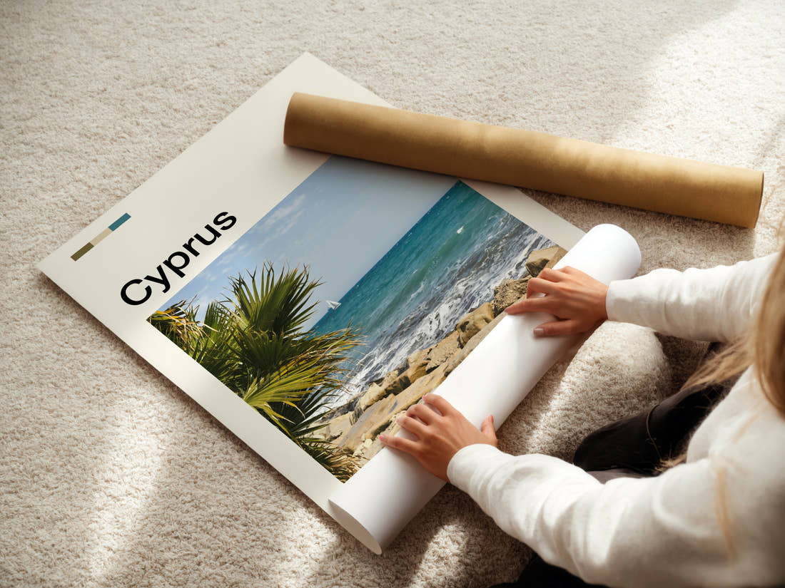 Cyprus Rocky Coastal Shoreline Travel Print being unrolled from its postal tube