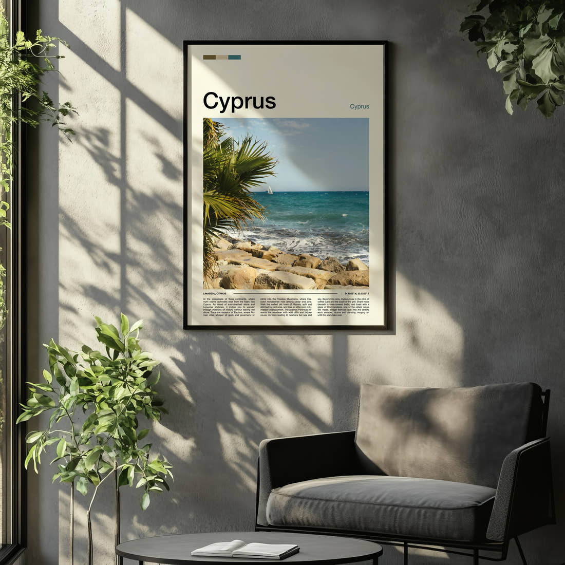 Cyprus Rocky Coastal Shoreline Travel Print framed on the wall of a relaxed living room