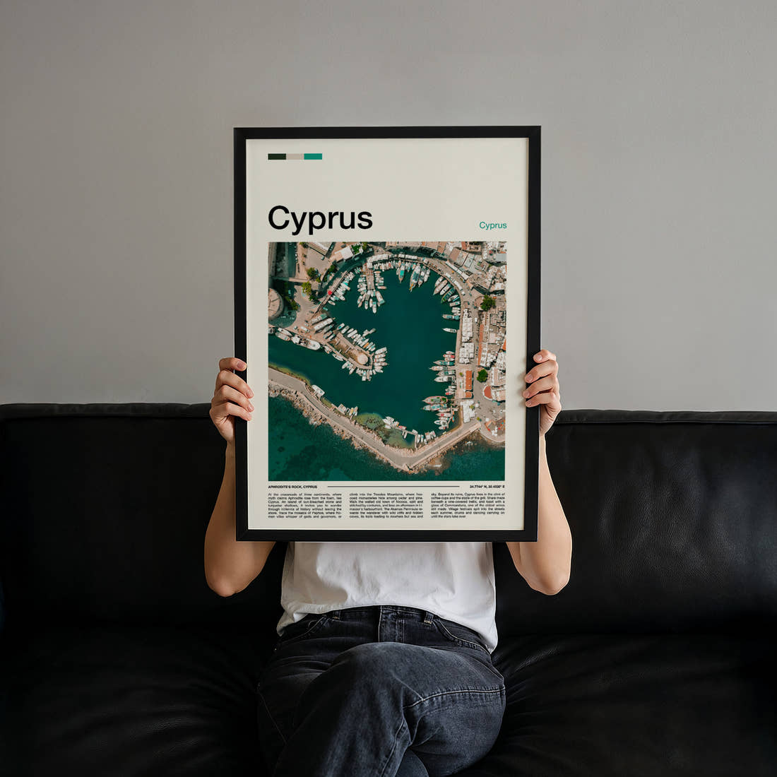 Cyprus Aerial Harbour View Travel Print held up by hand to show the size of the print