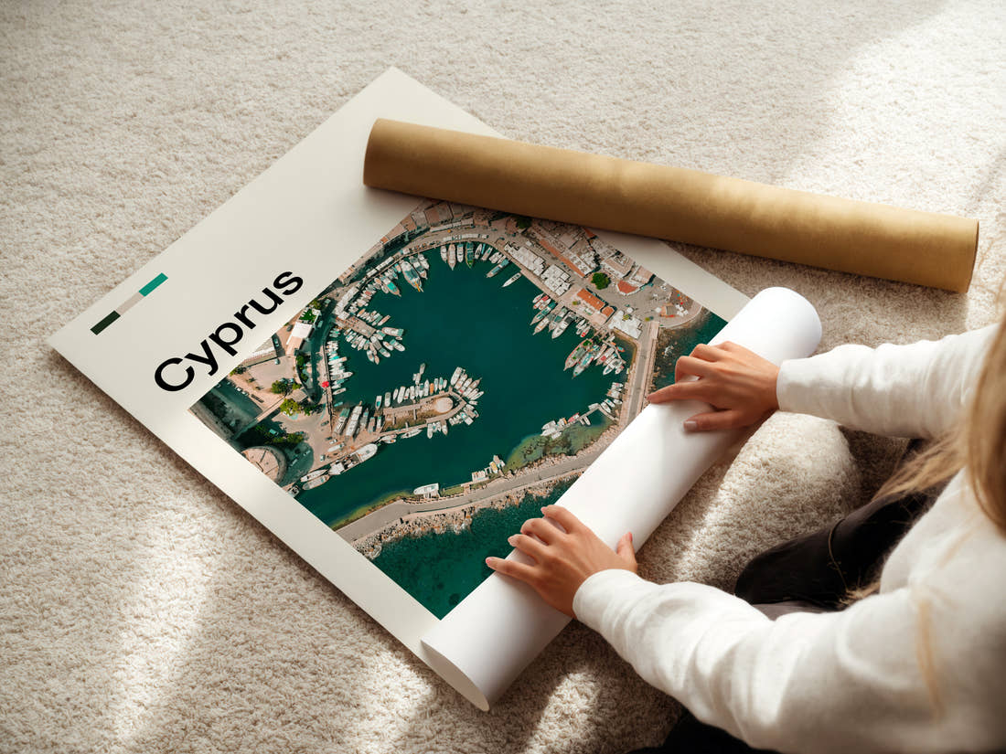 Cyprus Aerial Harbour View Travel Print being unrolled from its postal tube