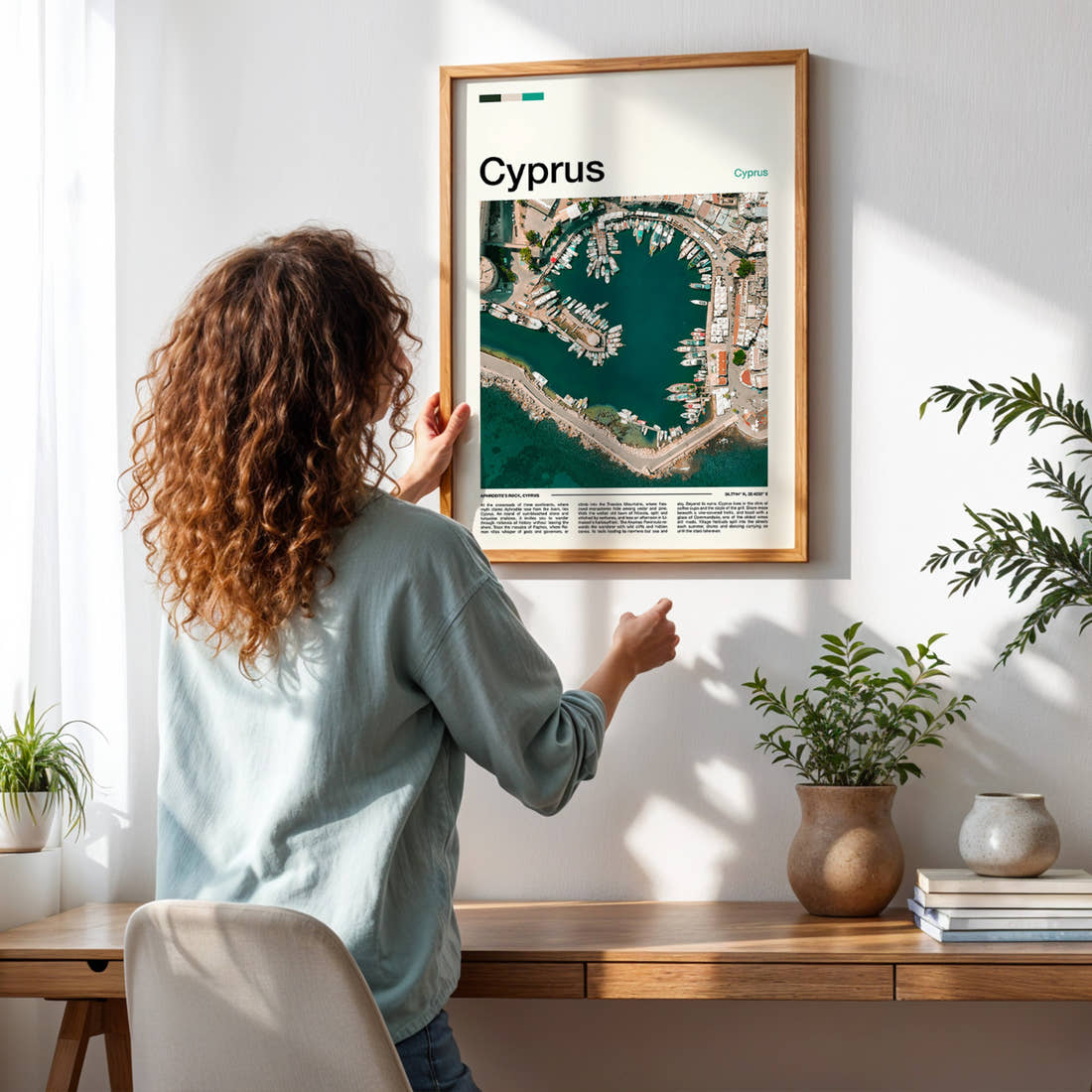 Cyprus Aerial Harbour View Travel Print framed on a pale wall beside houseplants
