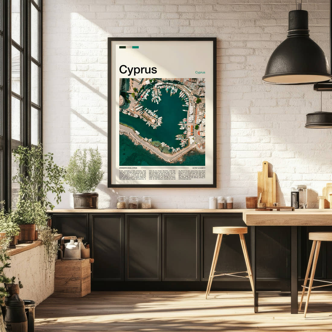Cyprus Aerial Harbour View Travel Print framed on the wall of a bright kitchen and dining space