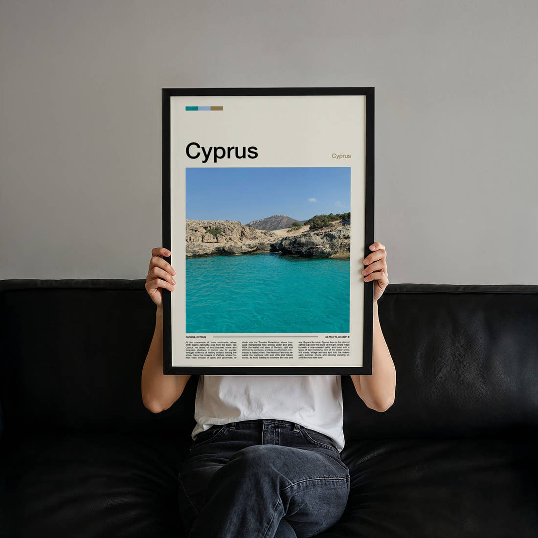 Cyprus Turquoise Rocky Cove Travel Print held up by hand to show the size of the print