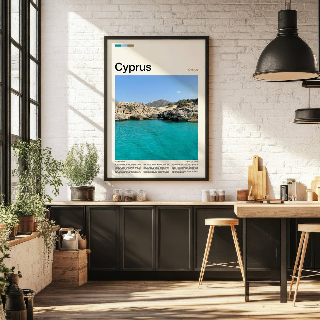 Cyprus Turquoise Rocky Cove Travel Print framed on the wall of a bright kitchen and dining space