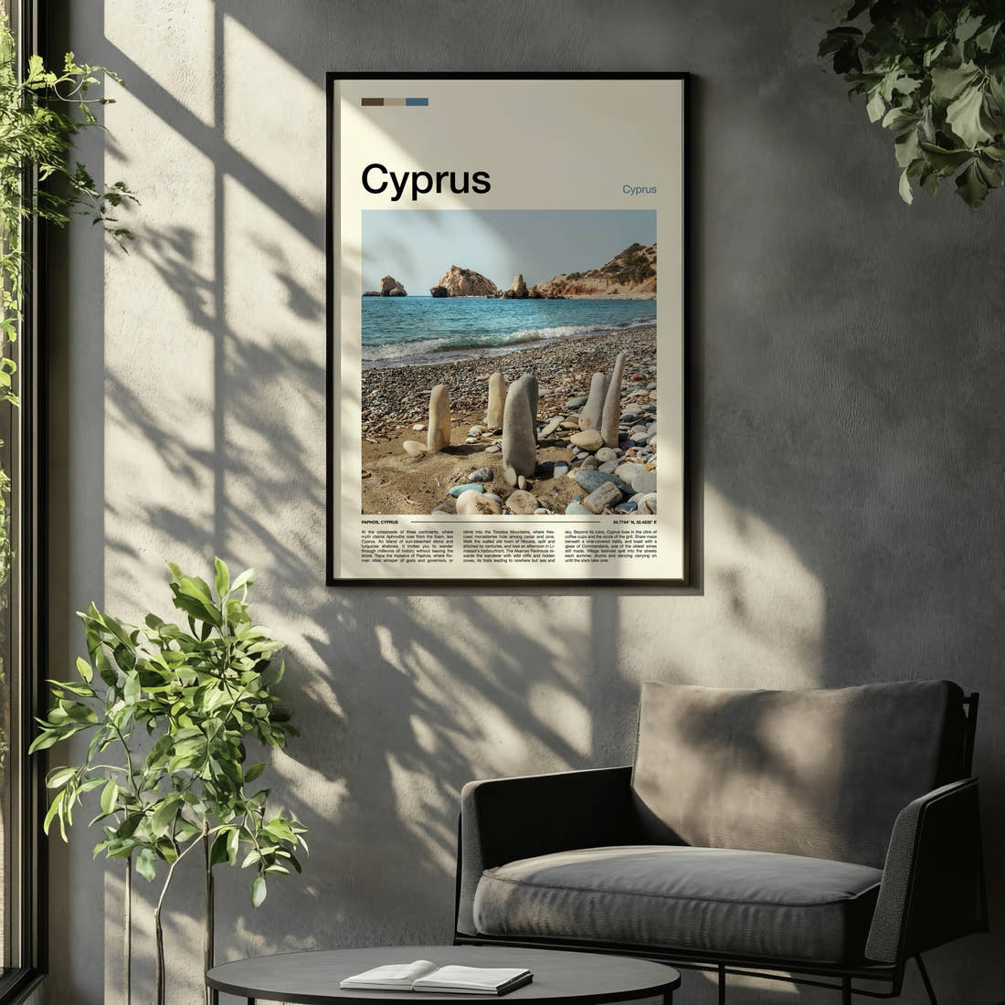 Cyprus Stone Stacks, Pebbled Shore Travel Print framed on the wall of a relaxed living room