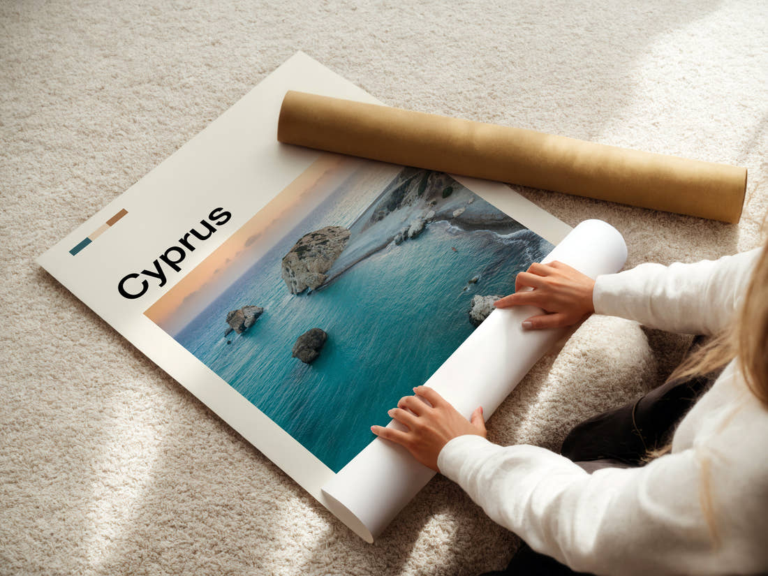 Cyprus Aerial Sea Stacks Travel Print being unrolled from its postal tube