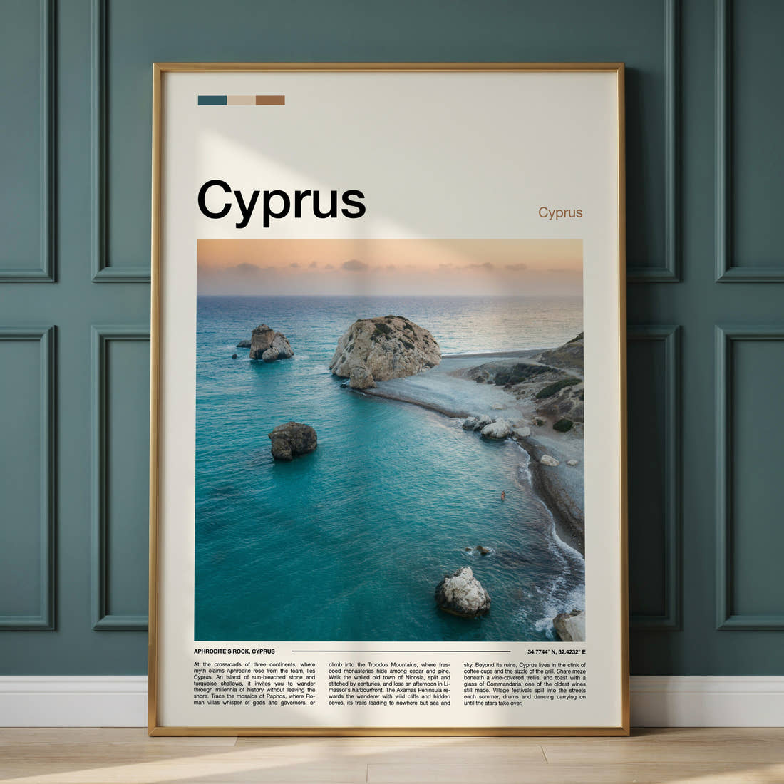 Cyprus Aerial Sea Stacks Travel Print framed on the wall of a calm, neutral bedroom