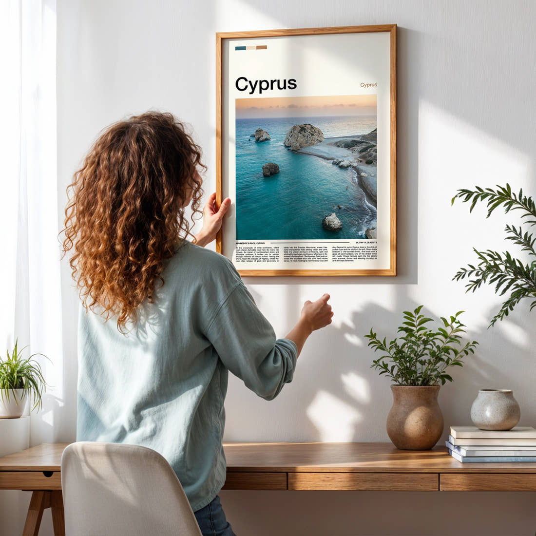 Cyprus Aerial Sea Stacks Travel Print framed on a pale wall beside houseplants