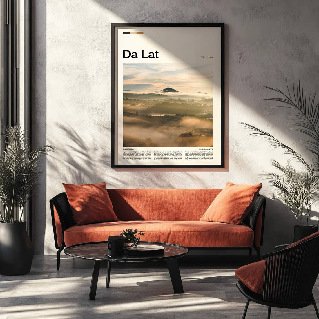 Da Lat Misty Highland Valley Travel Print framed on the wall of a modern living room