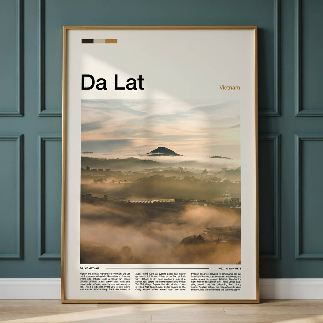 Da Lat Misty Highland Valley Travel Print framed on the wall of a calm, neutral bedroom