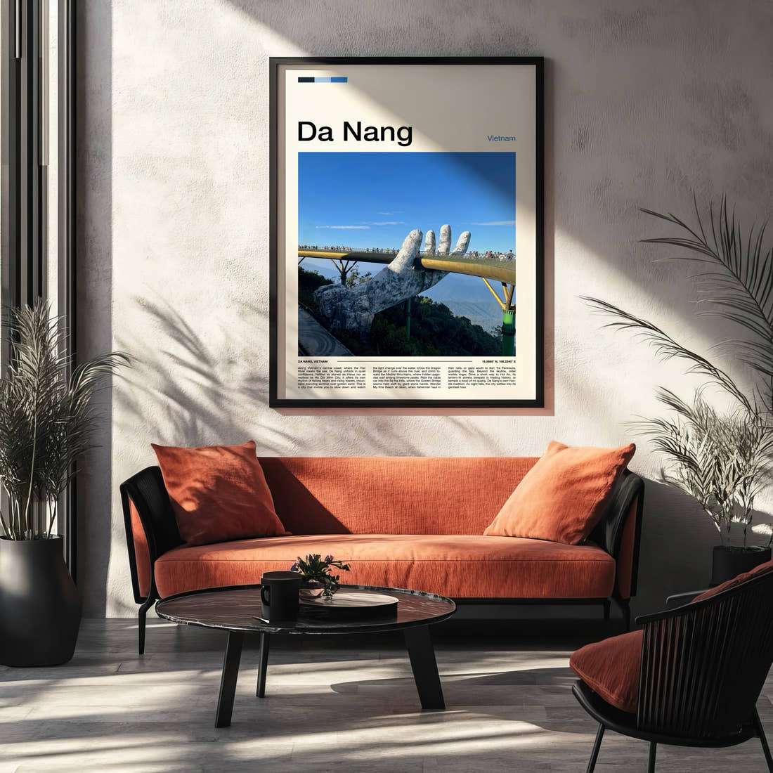 Da Nang Golden Bridge Hands Travel Print framed on the wall of a modern living room
