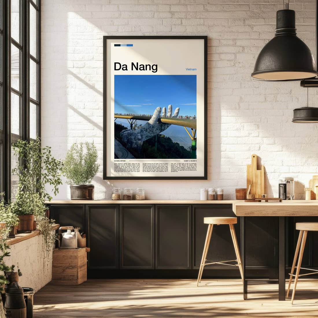 Da Nang Golden Bridge Hands Travel Print framed on the wall of a bright kitchen and dining space
