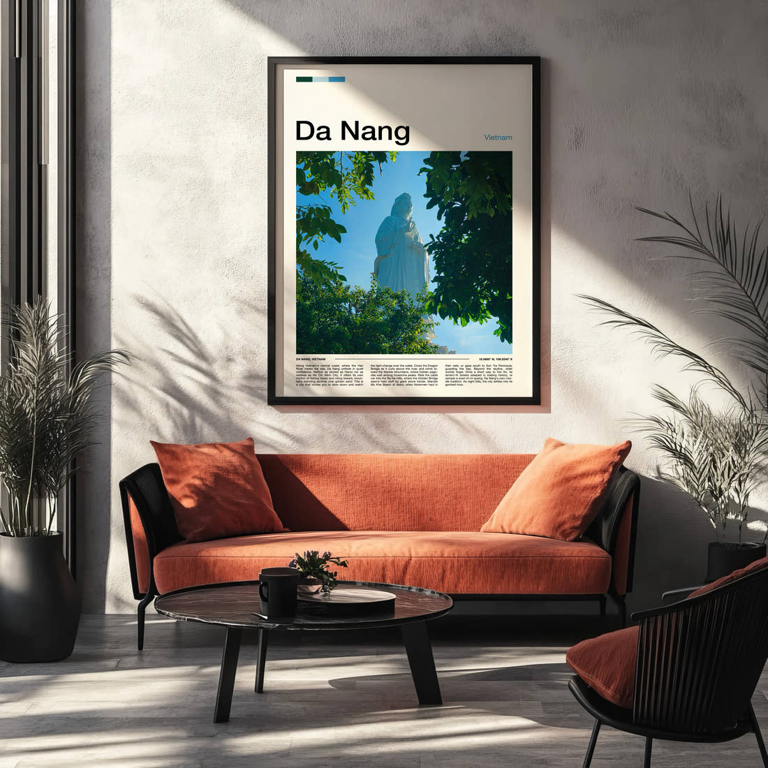 Da Nang Lady Buddha Statue Travel Print framed on the wall of a modern living room