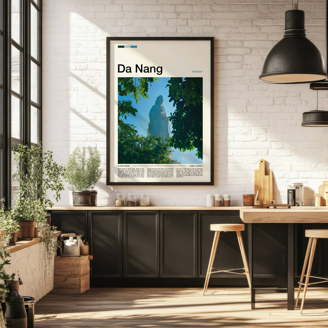 Da Nang Lady Buddha Statue Travel Print framed on the wall of a bright kitchen and dining space