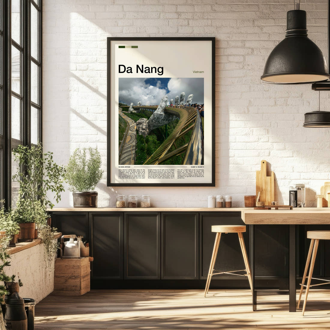 Da Nang Golden Bridge Hands Travel Print framed on the wall of a bright kitchen and dining space