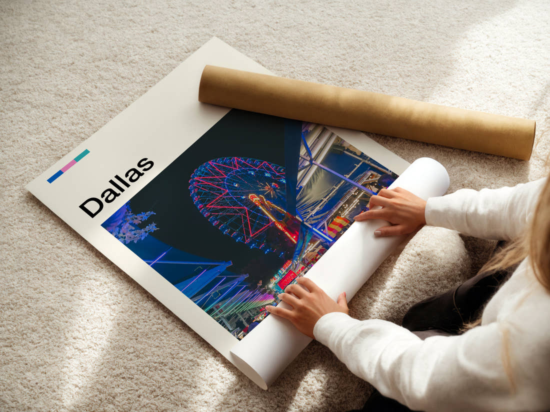 Dallas Ferris Wheel At Night Travel Print being unrolled from its postal tube