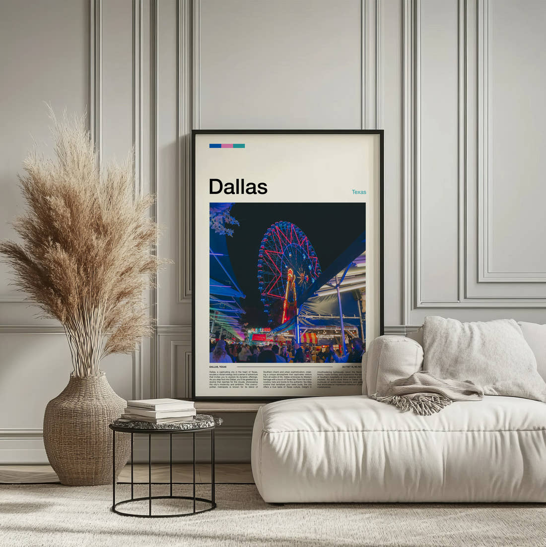 Dallas Ferris Wheel At Night Travel Print framed on the wall of a calm, neutral bedroom