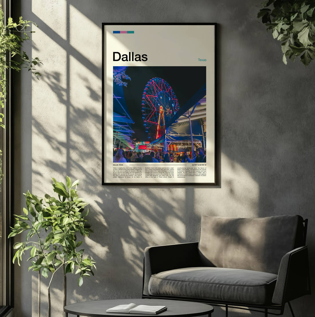 Dallas Ferris Wheel At Night Travel Print framed on the wall of a relaxed living room