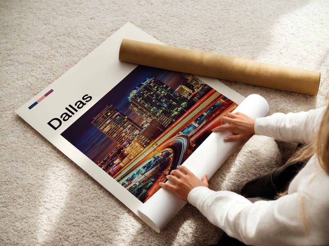 Dallas Night Skyline Travel Print being unrolled from its postal tube