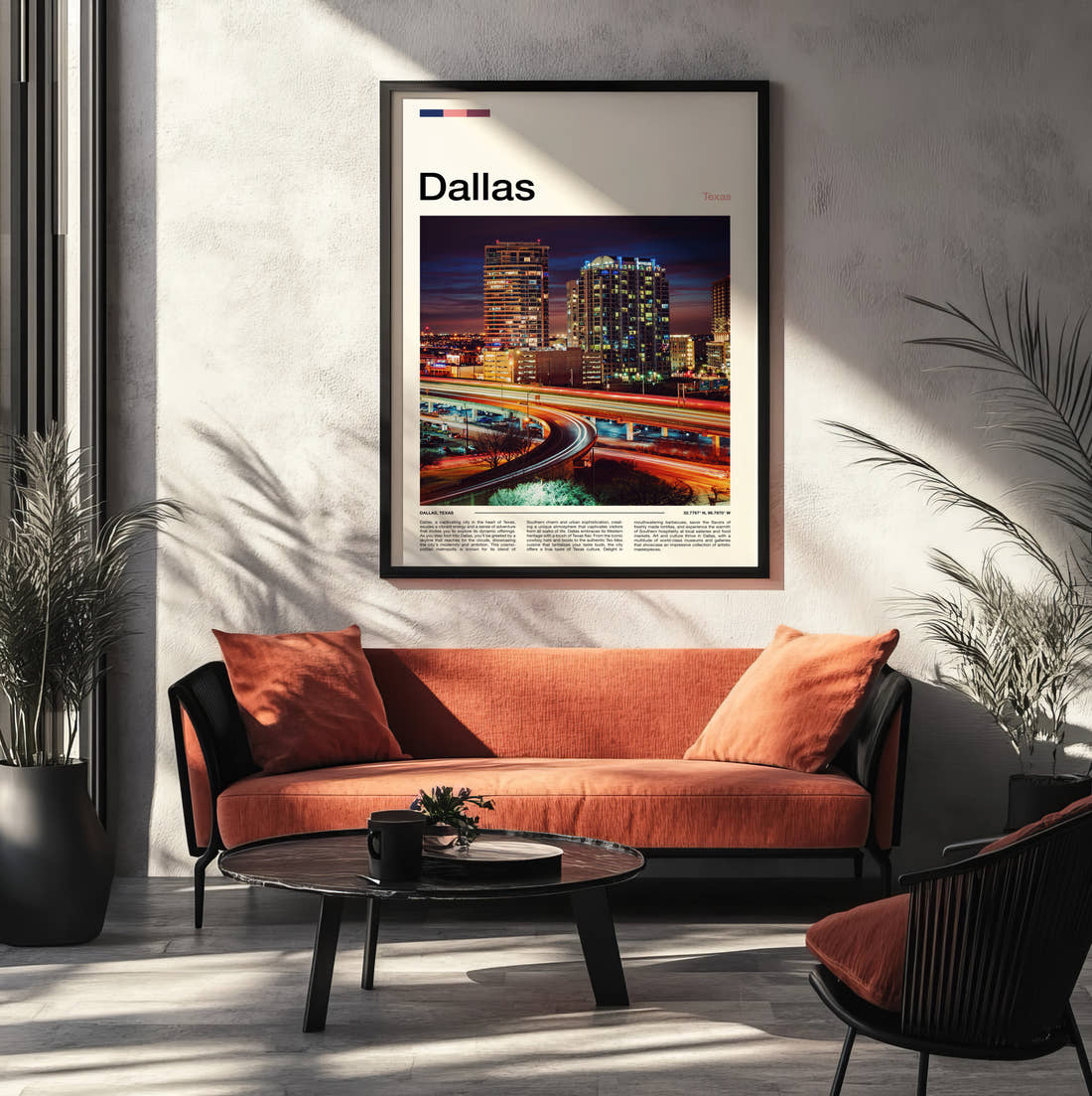 Dallas Night Skyline Travel Print framed on the wall of a modern living room