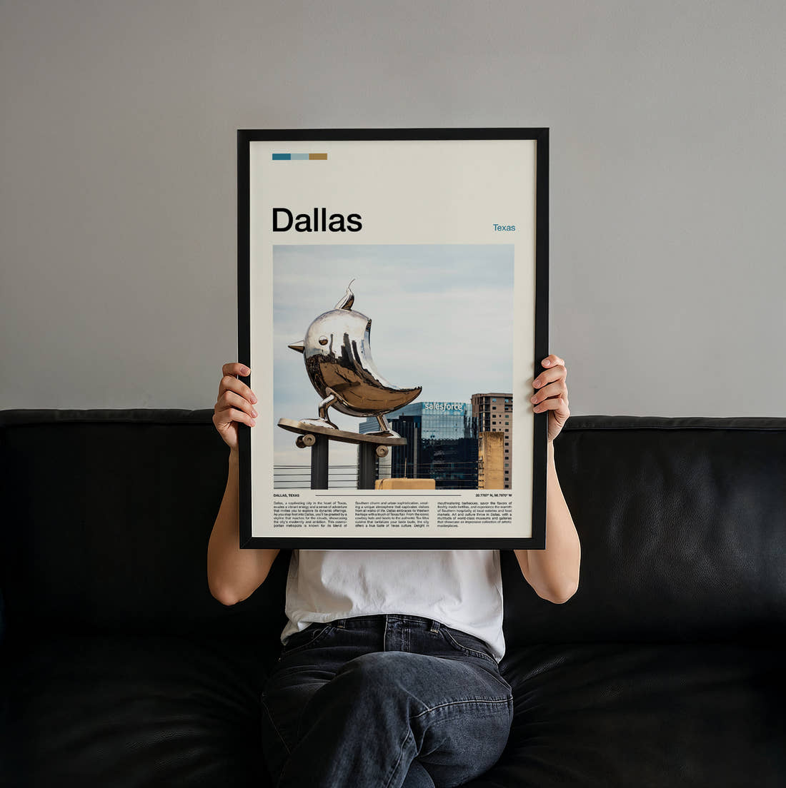 Dallas Silver Bird Sculpture Travel Print held up by hand to show the size of the print
