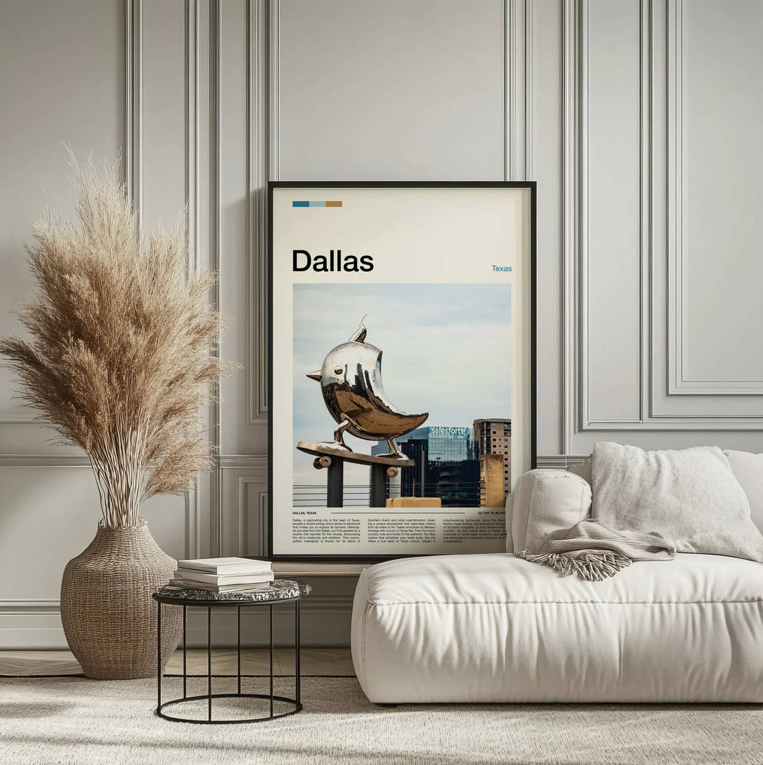 Dallas Silver Bird Sculpture Travel Print framed on the wall of a calm, neutral bedroom