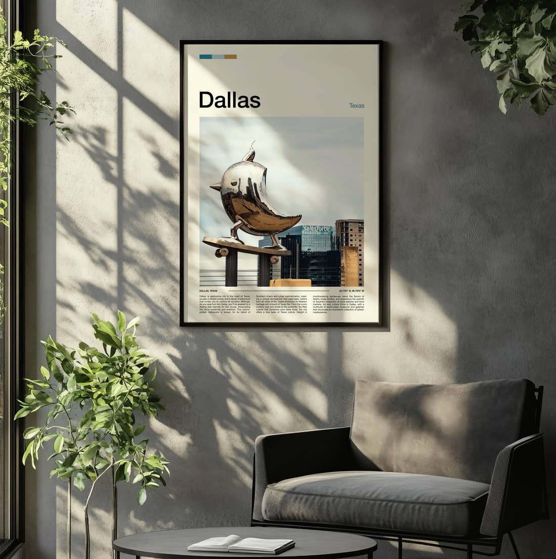 Dallas Silver Bird Sculpture Travel Print framed on the wall of a relaxed living room