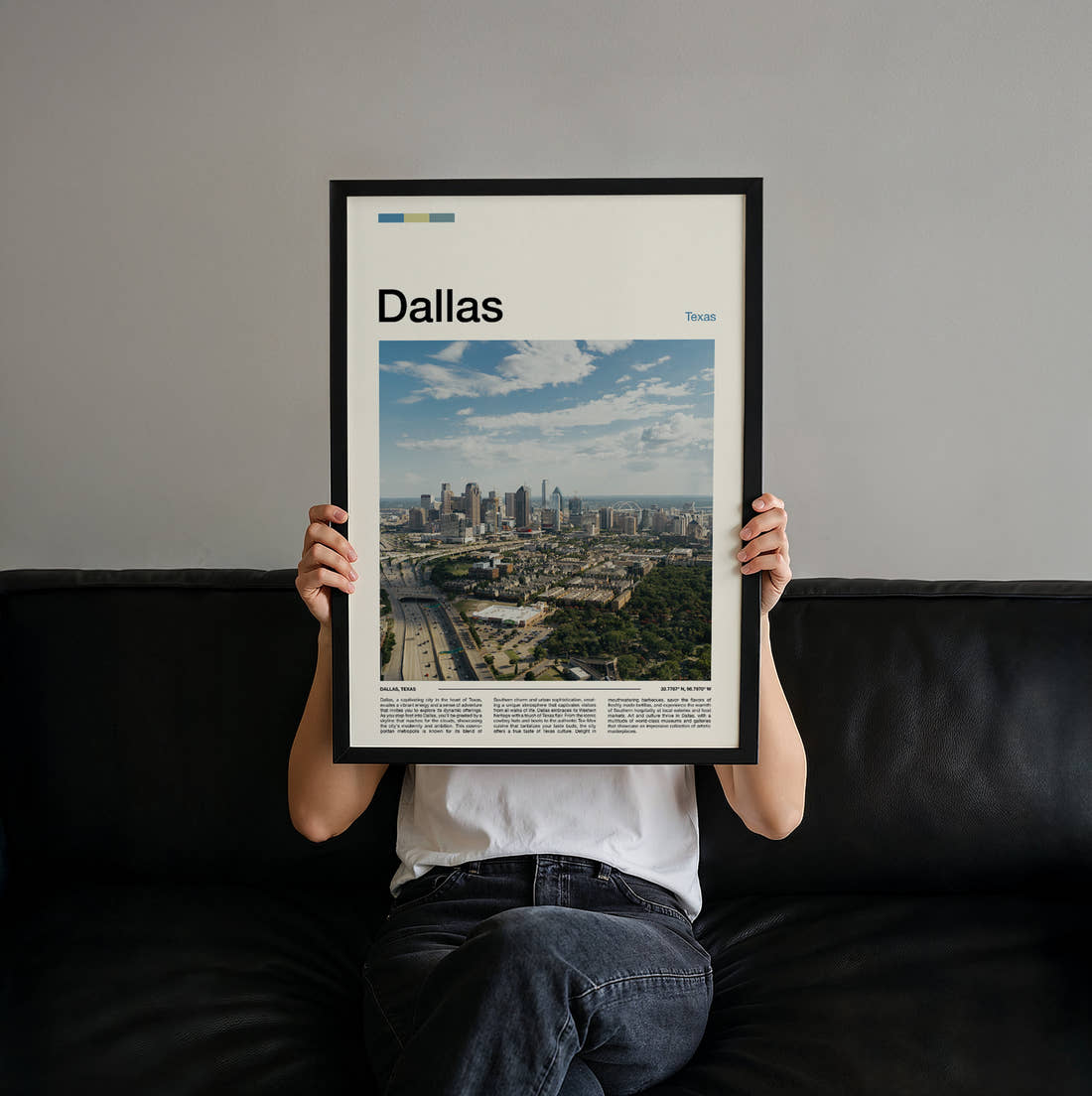 Dallas Downtown Skyline Travel Print held up by hand to show the size of the print