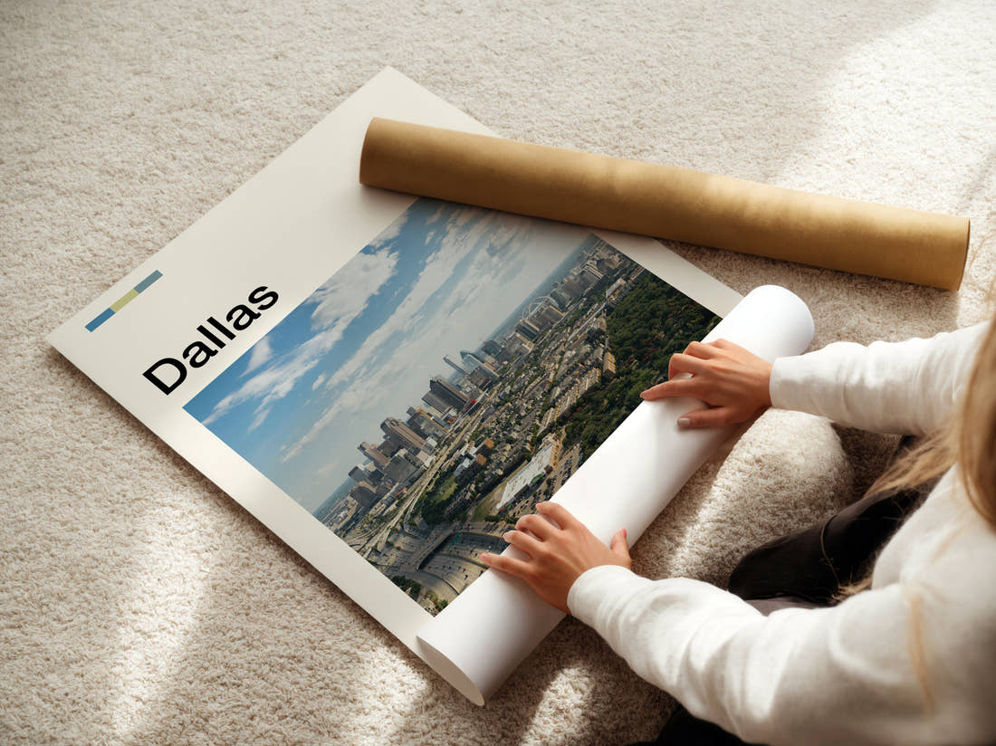 Dallas Downtown Skyline Travel Print being unrolled from its postal tube