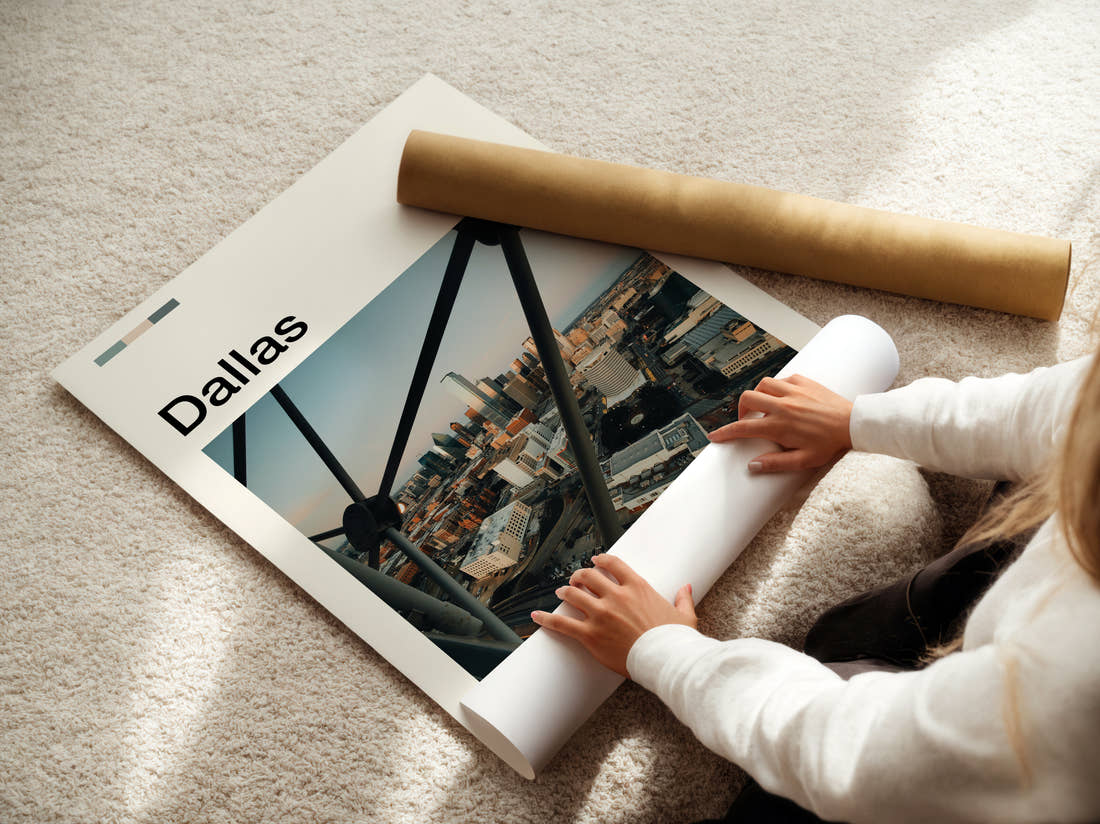 Dallas Skyline Through Steel Frame Travel Print being unrolled from its postal tube