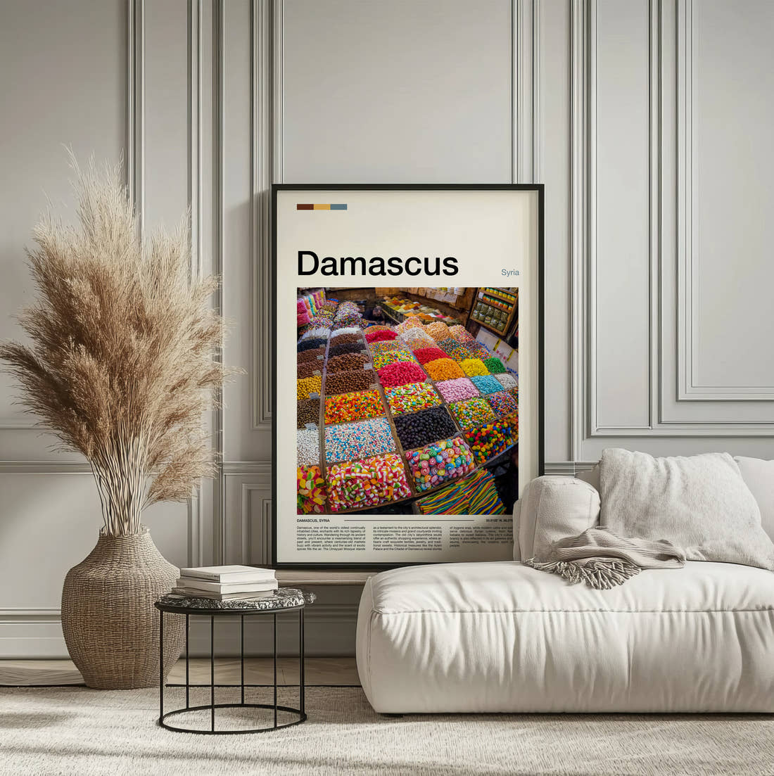 Damascus Spice Market Stall Travel Print framed on the wall of a calm, neutral bedroom