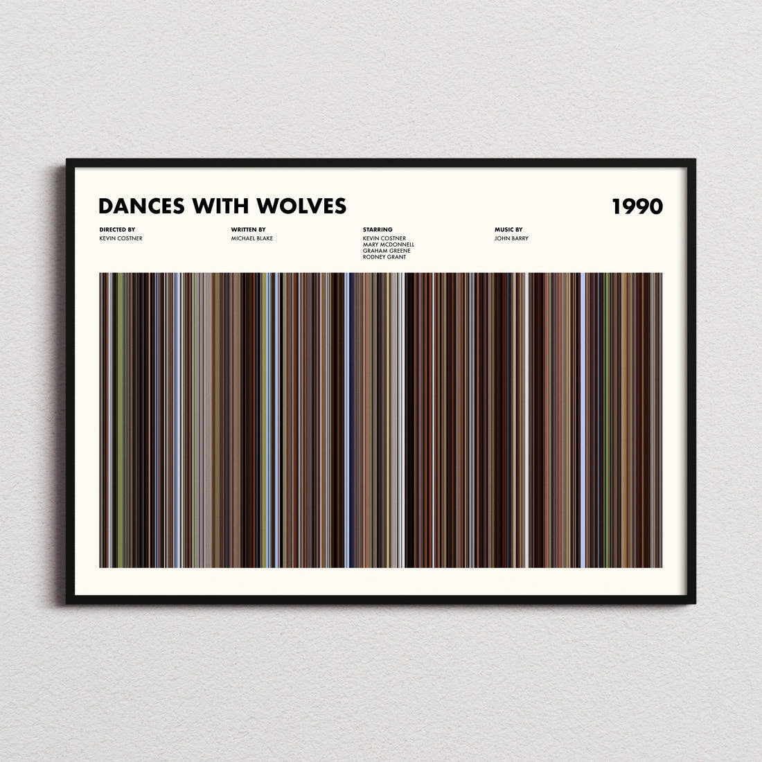 Dances With Wolves Movie Barcode Poster framed and photographed straight on