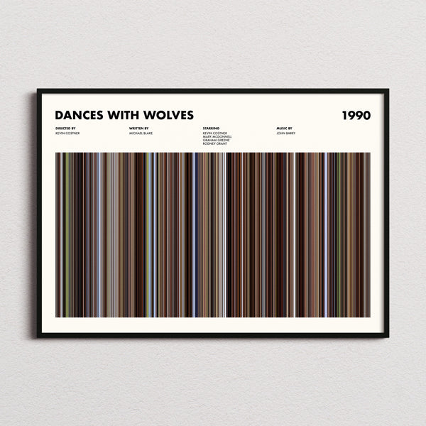 Dances With Wolves Movie Barcode Poster framed and photographed straight on