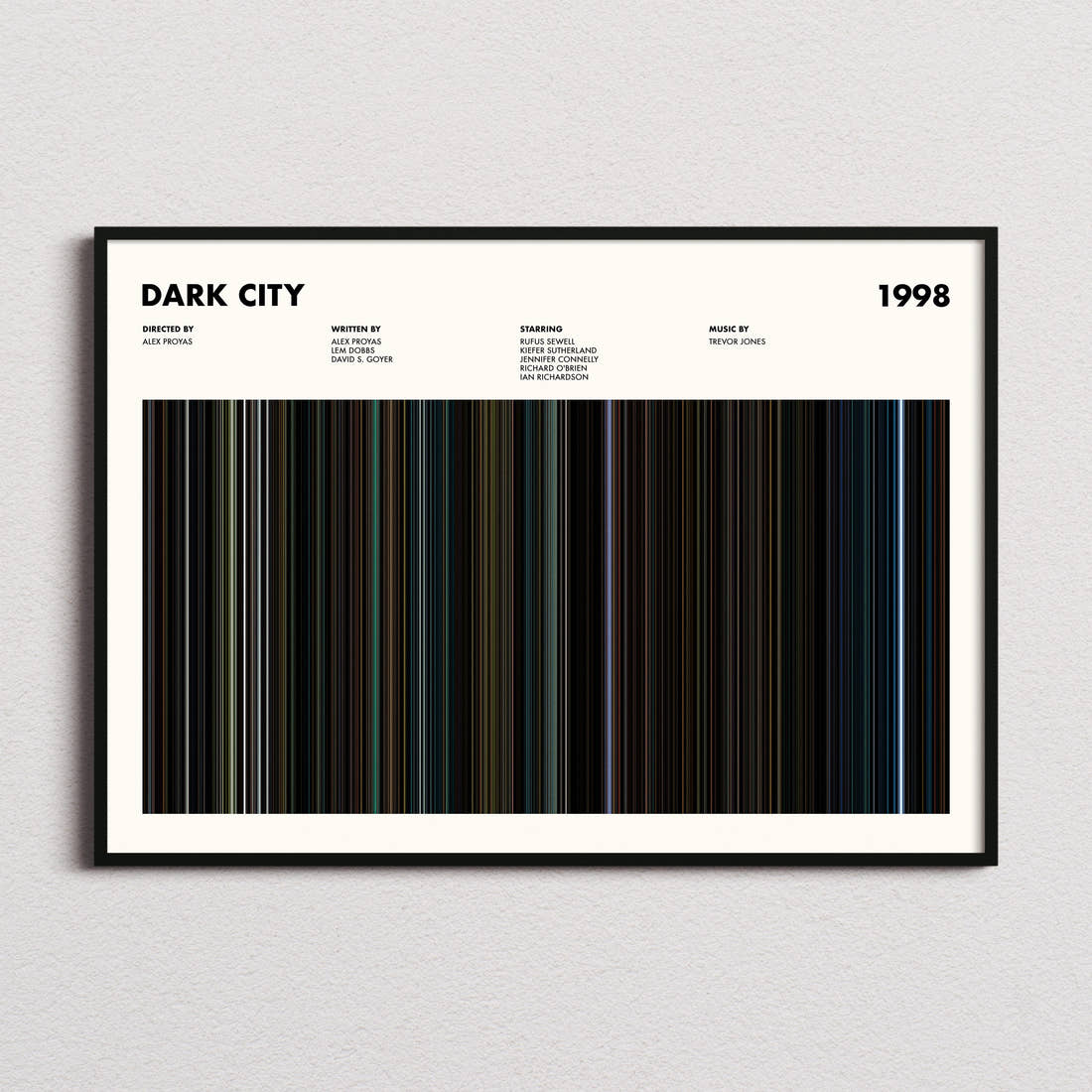 Dark City Movie Barcode Poster framed and photographed straight on