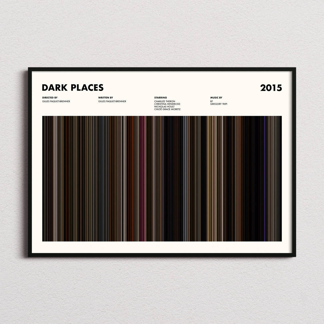 Dark Places Movie Barcode Poster framed and photographed straight on