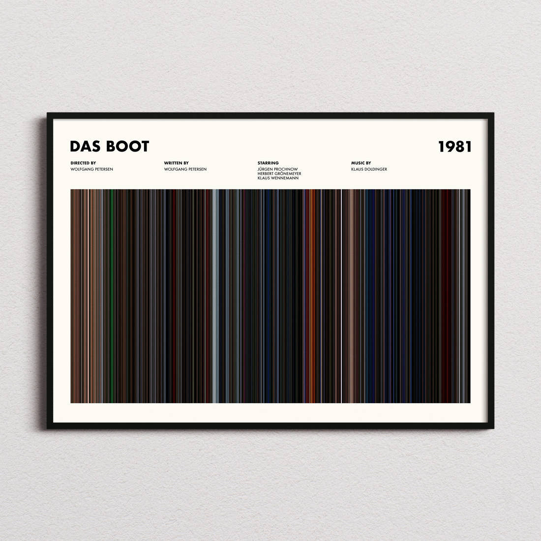 Das Boot Movie Barcode Poster framed and photographed straight on