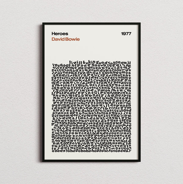 David Bowie Heroes Lyric Print in the cream colourway, framed