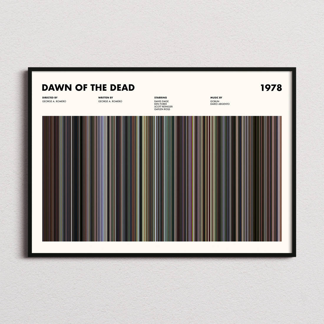 Dawn of the Dead 1978 Movie Barcode Poster framed and photographed straight on